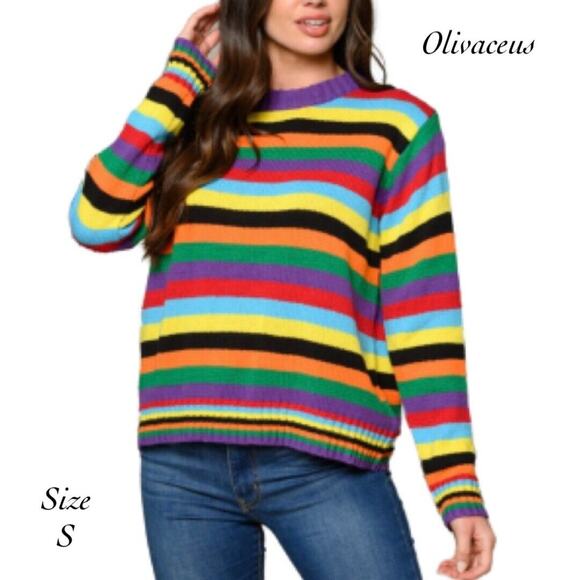 Olivaceus Rainbow Stripe Crew Neck Long Sleeve Pullover Sweater NIB Size S - Picture 1 of 8